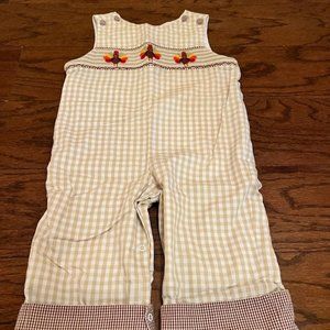 Stellybelly Smocked Turkey Longall - Tan-Gingham, Size 18 Months